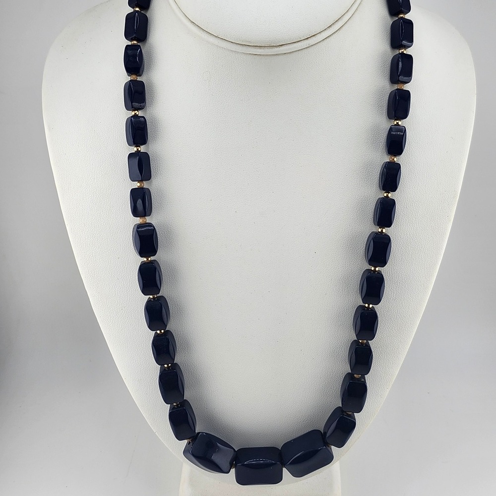 Vintage Blue Barrel Bead Necklace Gold Tone‎ Accents Costume Jewelry